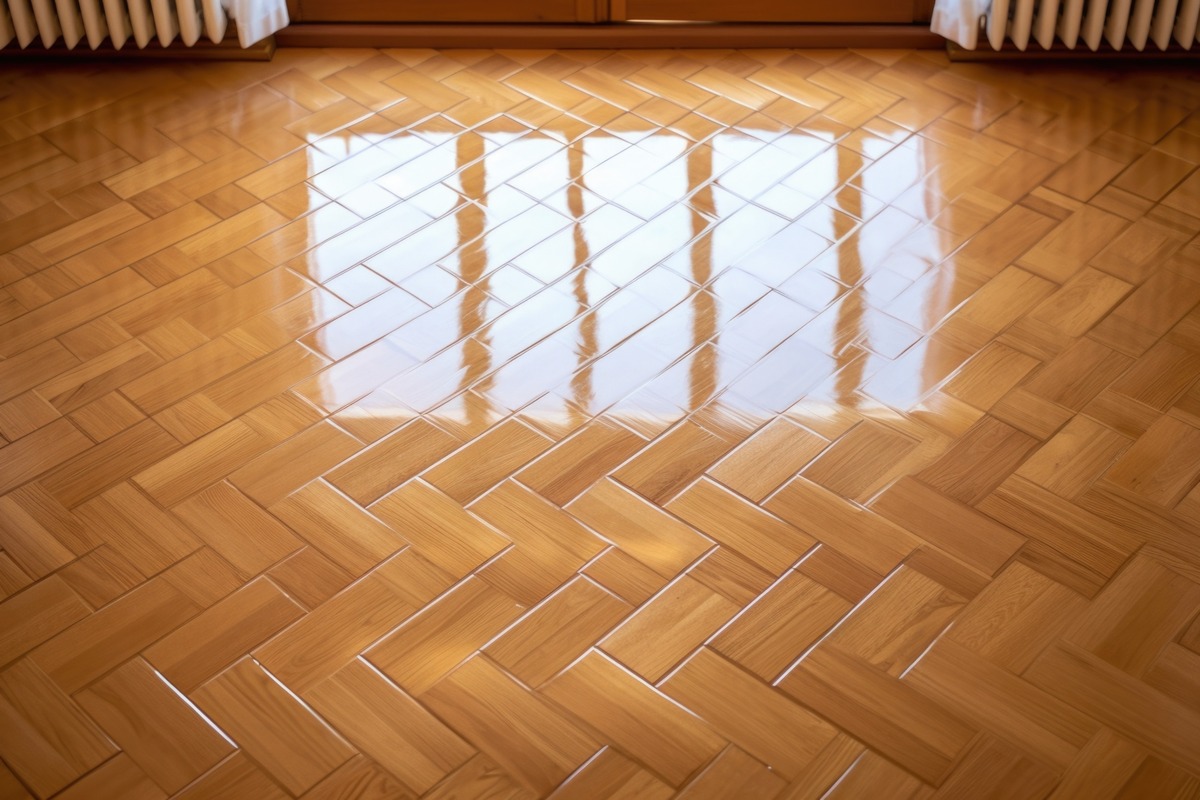 parquet de espiga recien barnizado con reflejo ventana